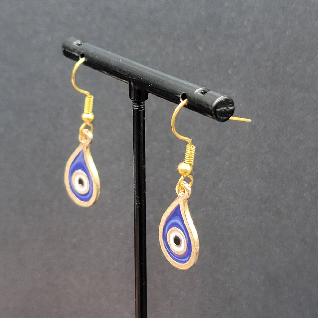 New Evil Eye Pierced Earrings Gold tone Blue Enamel Teardrop Dangle 3/4"