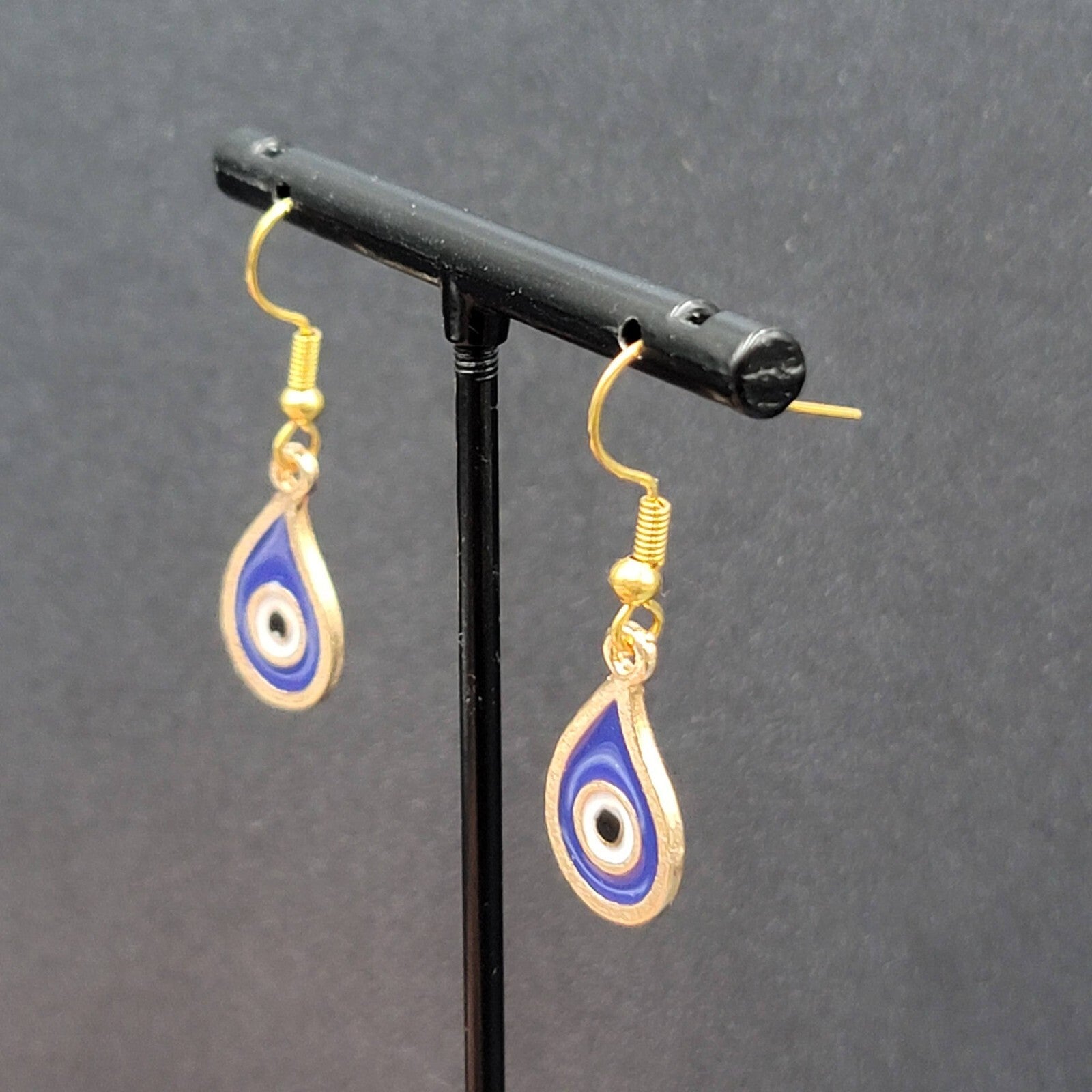 New Evil Eye Pierced Earrings Gold tone Blue Enamel Teardrop Dangle 3/4"