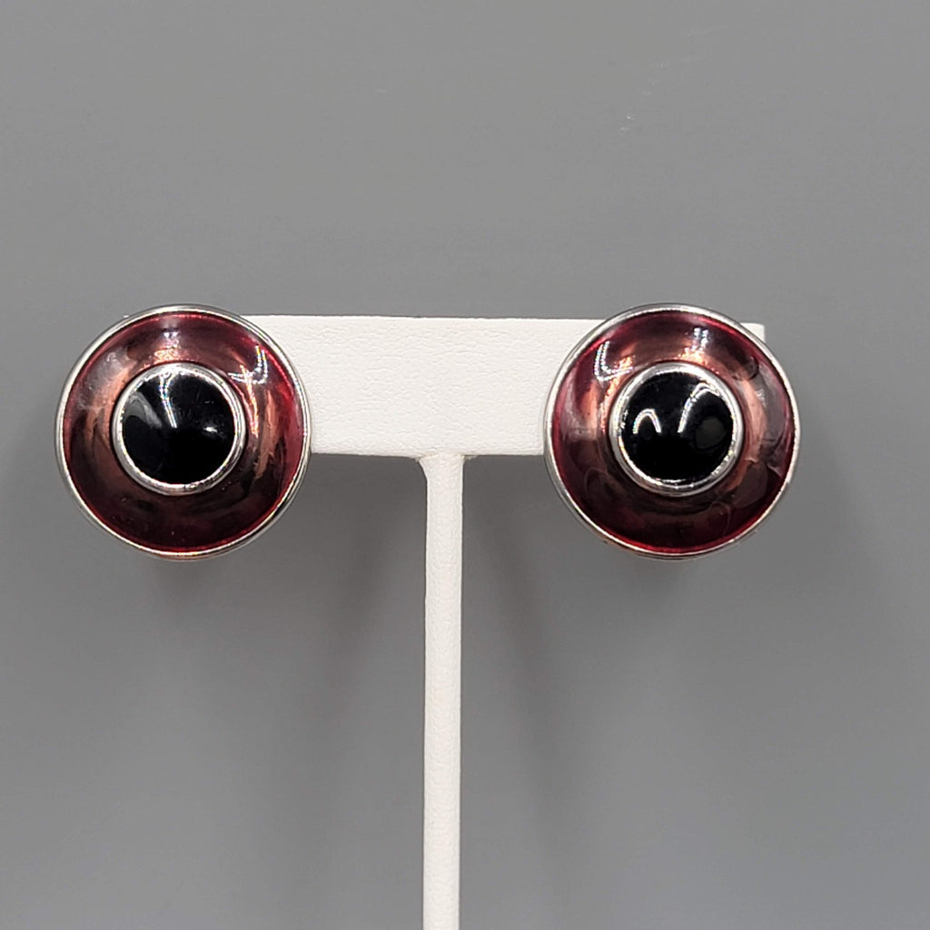 Vintage Round Burgandy Enamel Pierced Earrings Silver tone 1 in