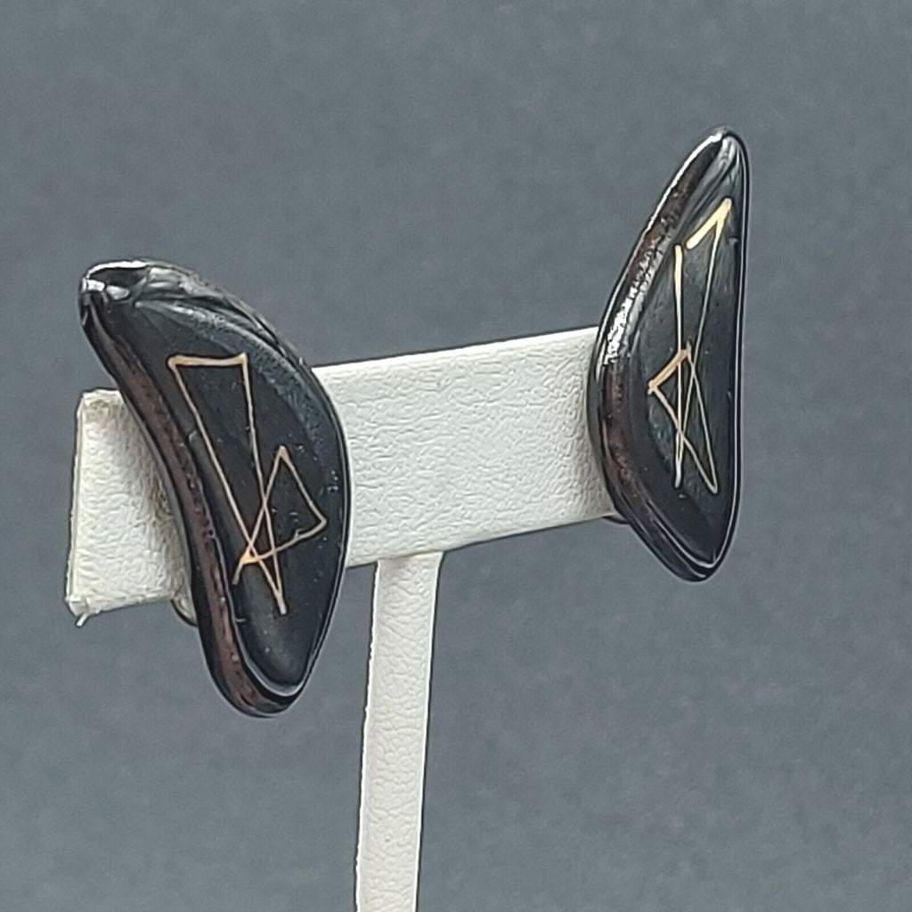 Vintage Clip on Earrings Black Gold Enamel Clay Pottery Modernist 1.25"