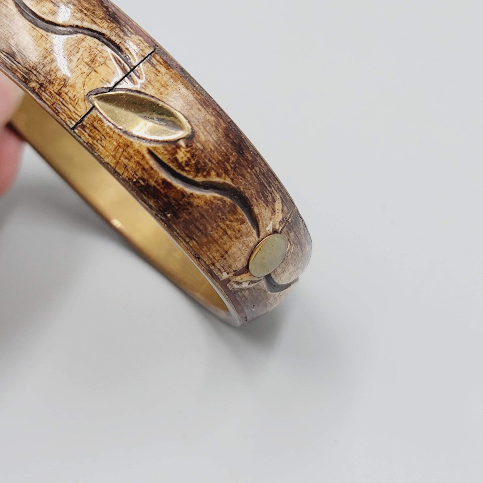 Vintage Bangle Bracelet Bovine Cow Bone Brass Inlay Made in India