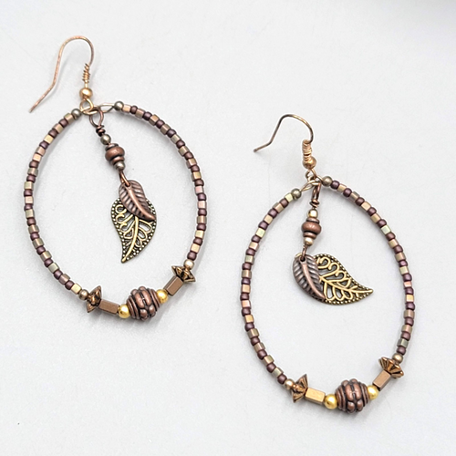 Boho Beaded Hoops Pierced Earrings Copper toen Leaf Dangle 2"