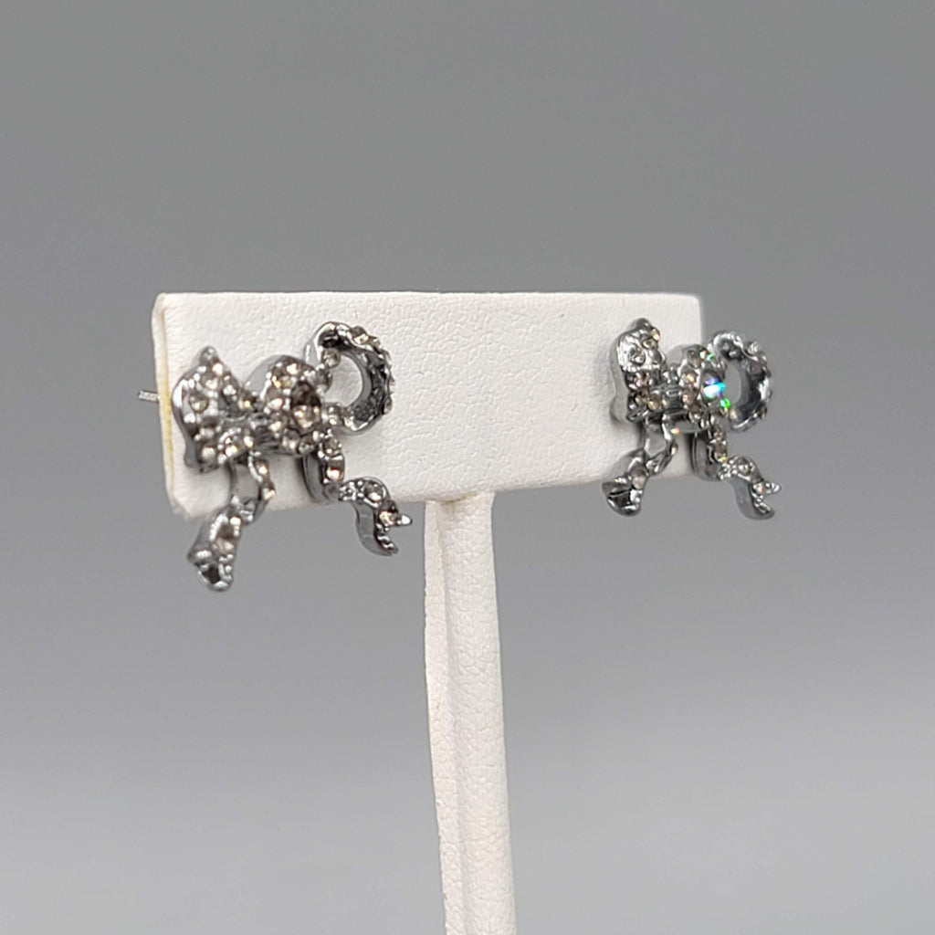 Rhinestone Bow Pierced Earrings Gunmetal Gray Drop 5/8 in