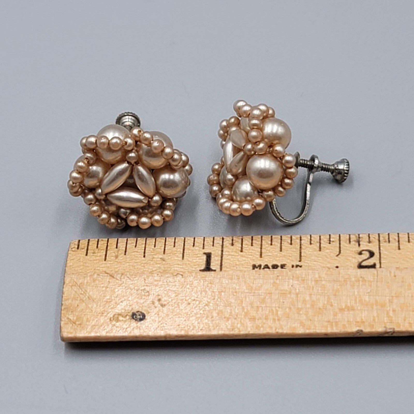 Vintage Clip on Earrings Champagne Color Beads Knot Cluster Design Stud 3/4"