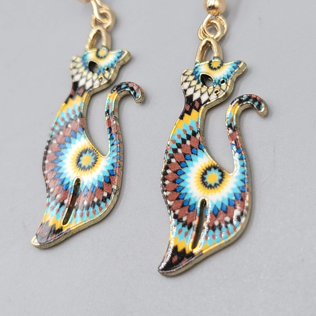 Kitty Cat Mandala Multicolor Pierced Earrings Gold tone Dangle 1 3/8"