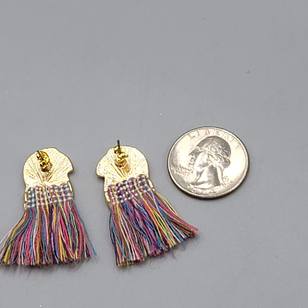 Crystal Bird Pierced Earrings Gold tone Multicolor Tassel 1.5"