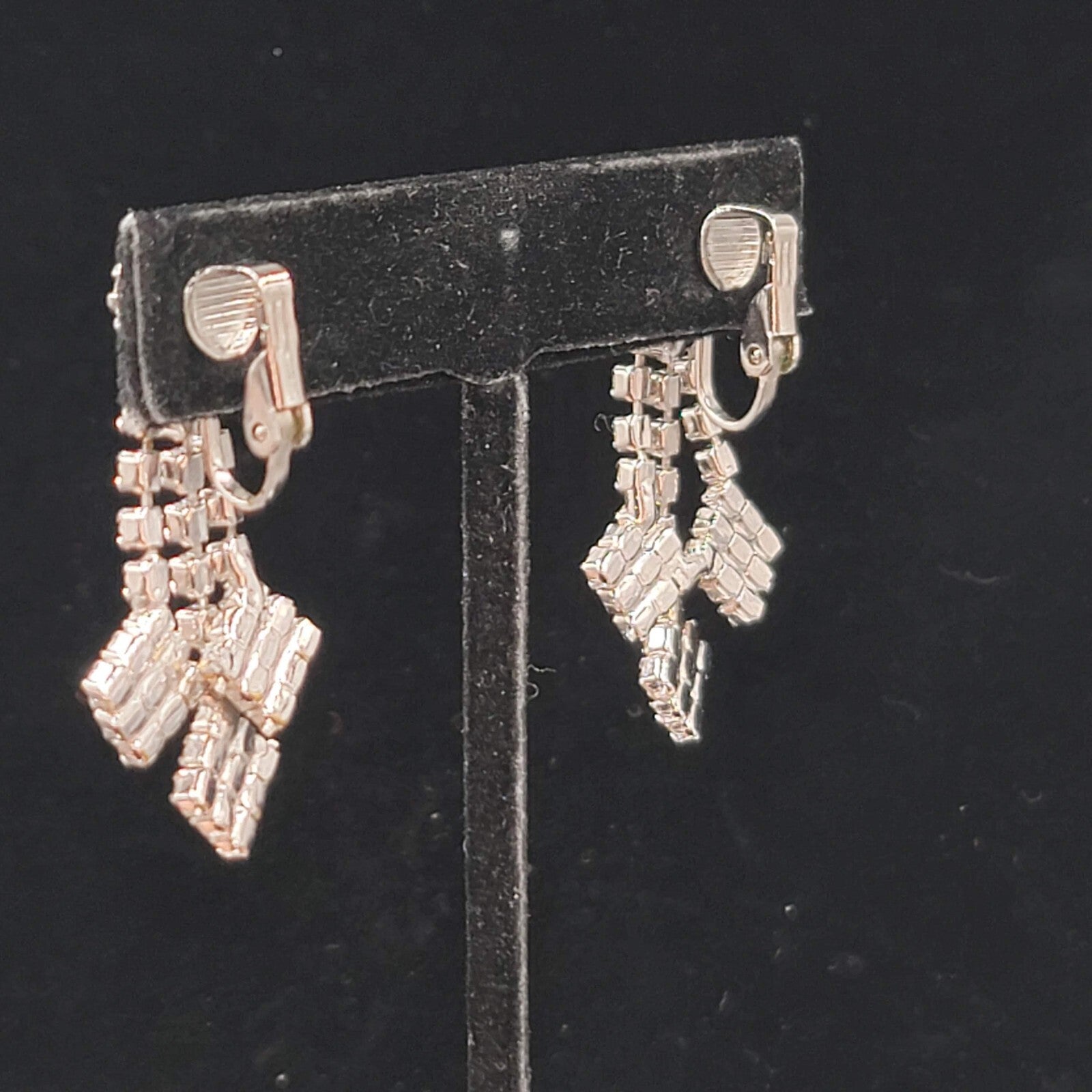 Vintage Rhinestone Clip on Earrings Dangle Silver tone 1.5" Length
