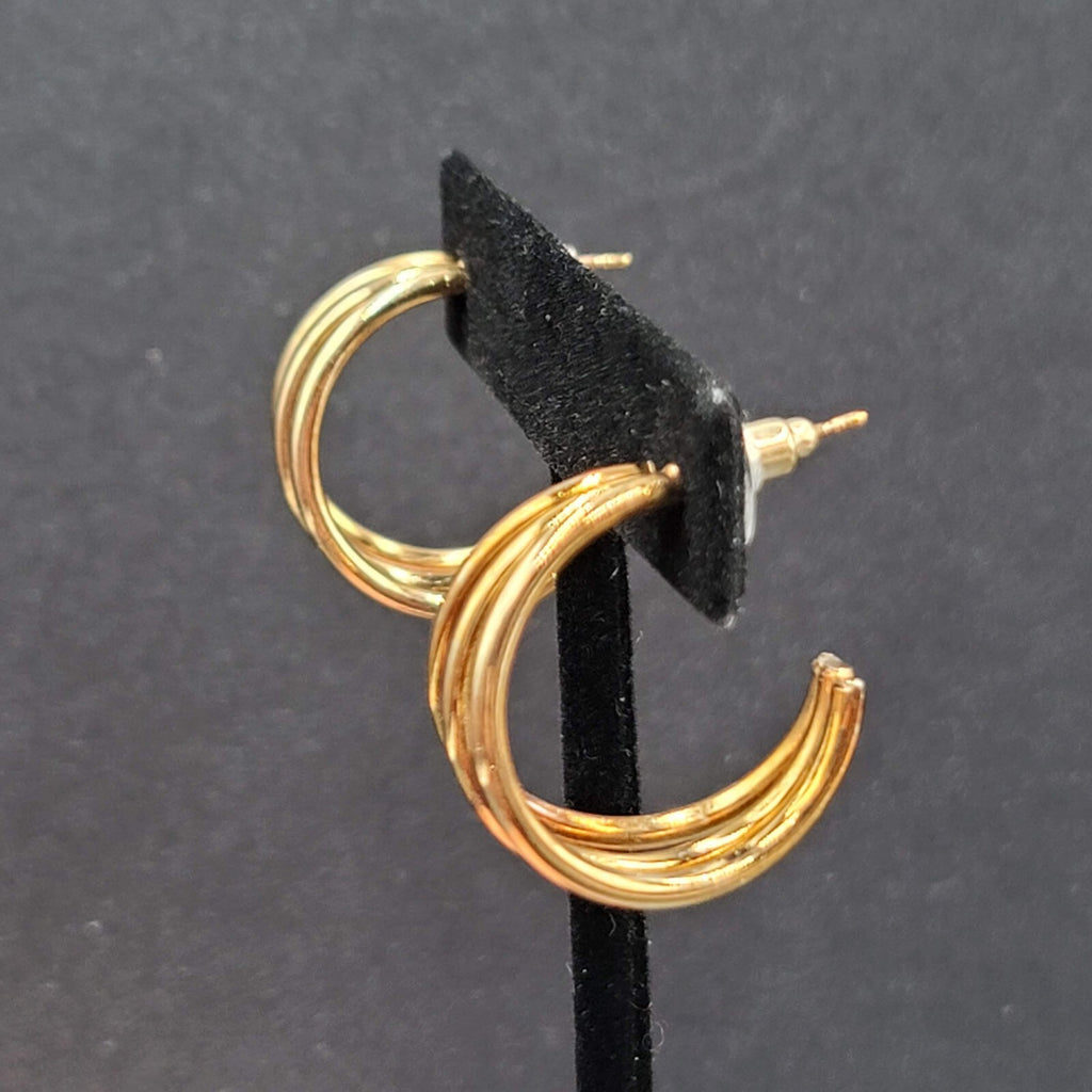 Pierced Earrings Triple Hoops Gold tone 1" Costume Jewely
