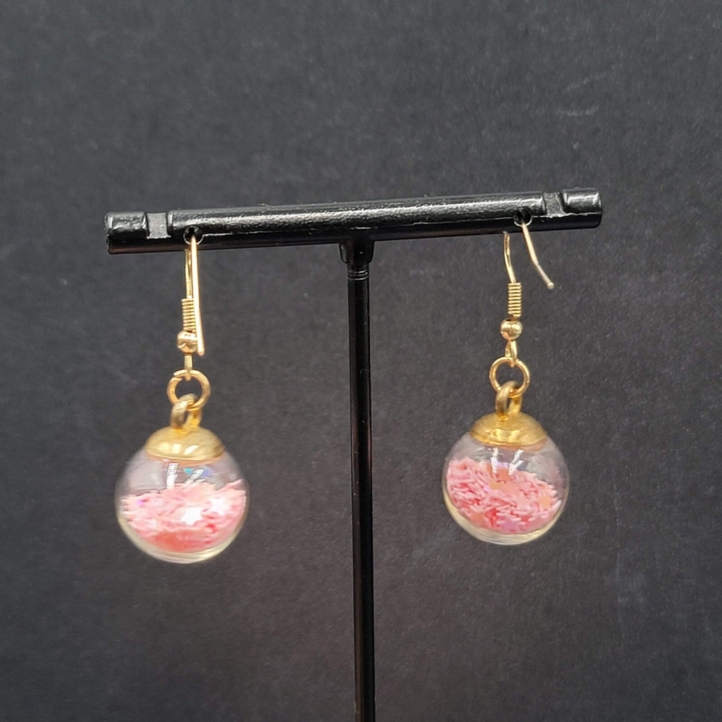 Pierced Earrings Silver tone Pink Star Confetti Glass Dangle 3/4"