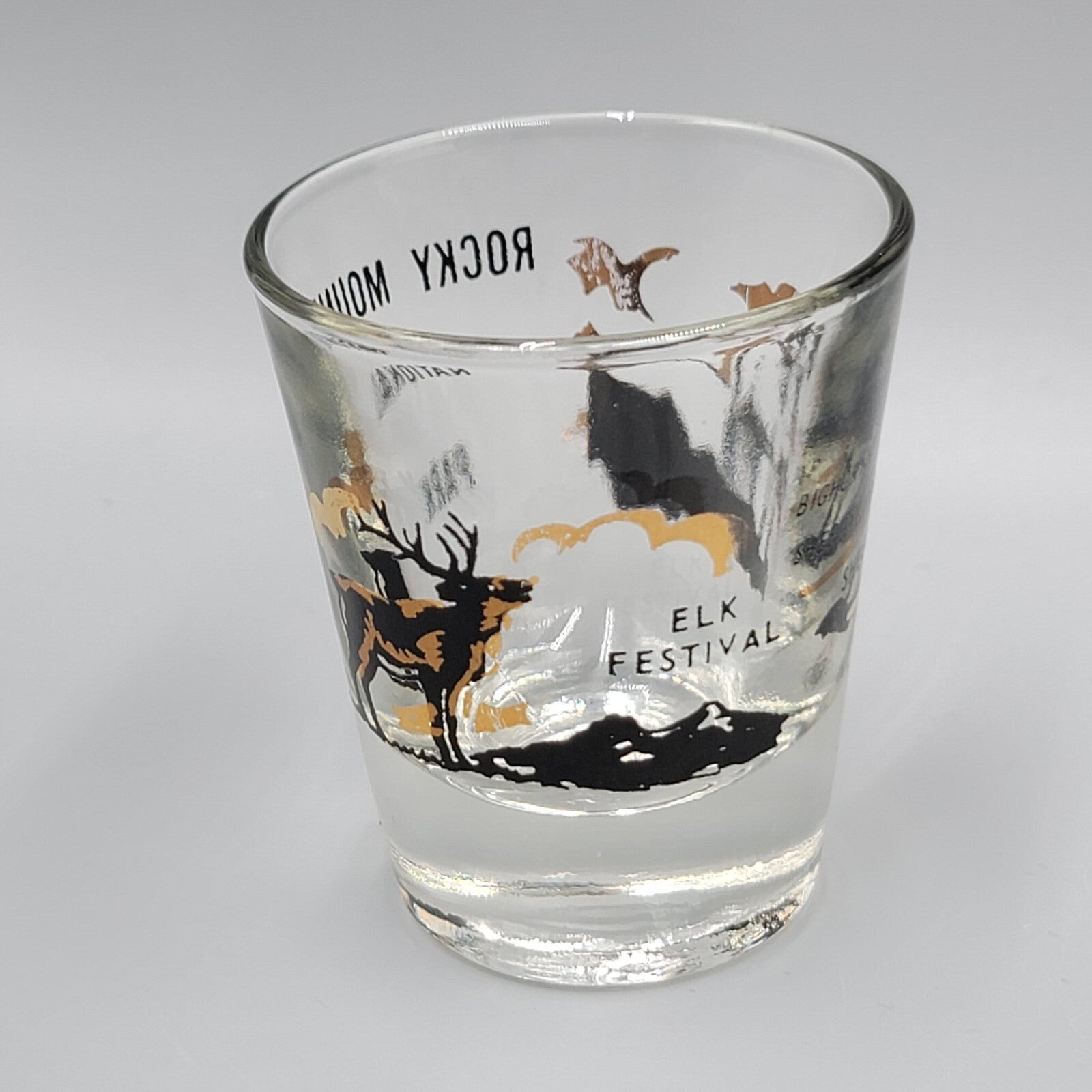 Vintage Rocky Mountain National Park Colorado Shot Glass Black Gold Collectible