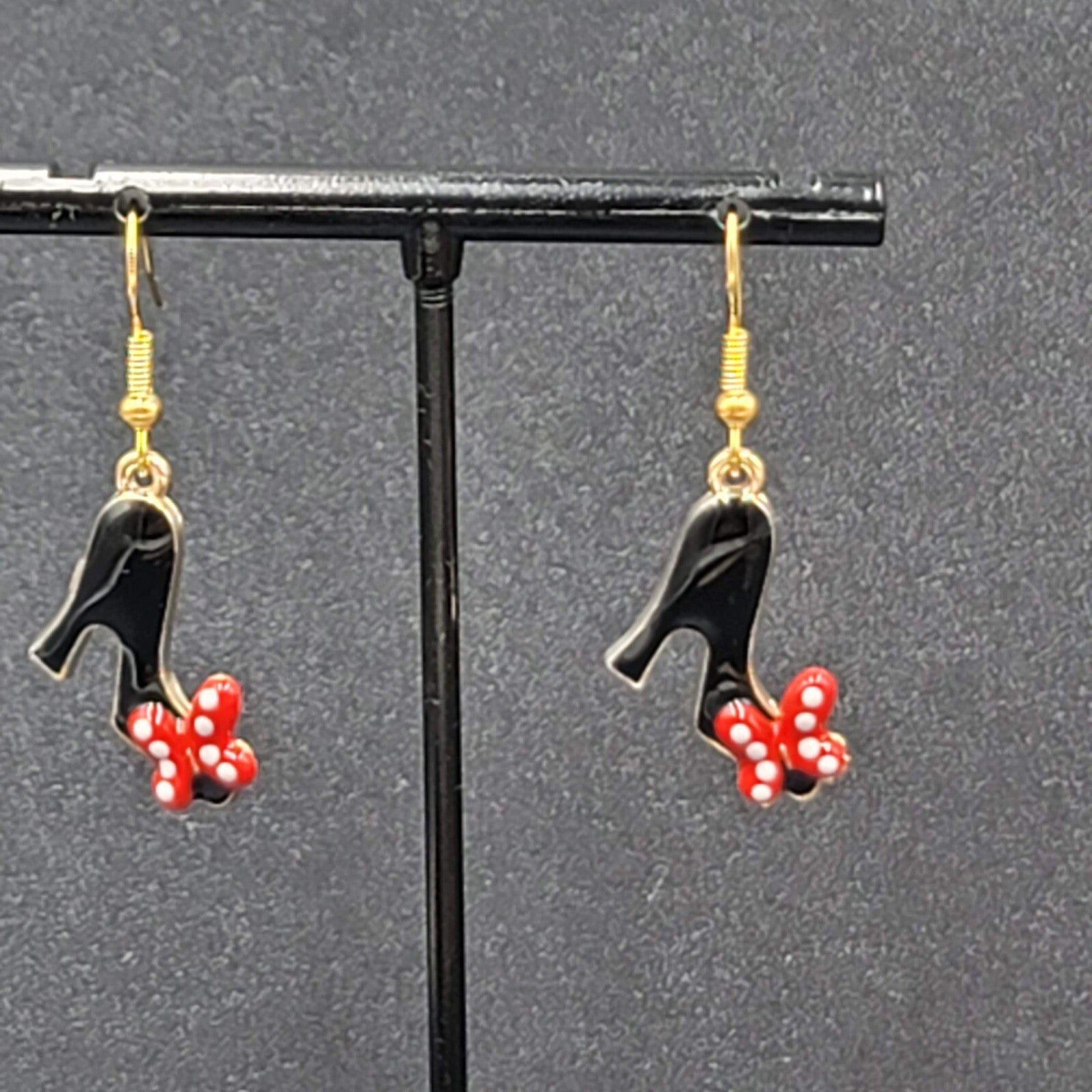 High Heel Shoes Pierced Earrings Gold tone Red Black Enamel Dangle 1"