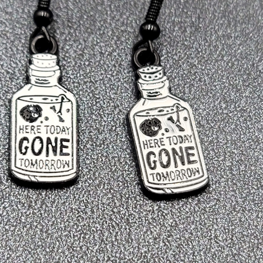 Poison Pierced Earrings Black White Enamel Dangle Here Today Gone Tomorrow 7/8"