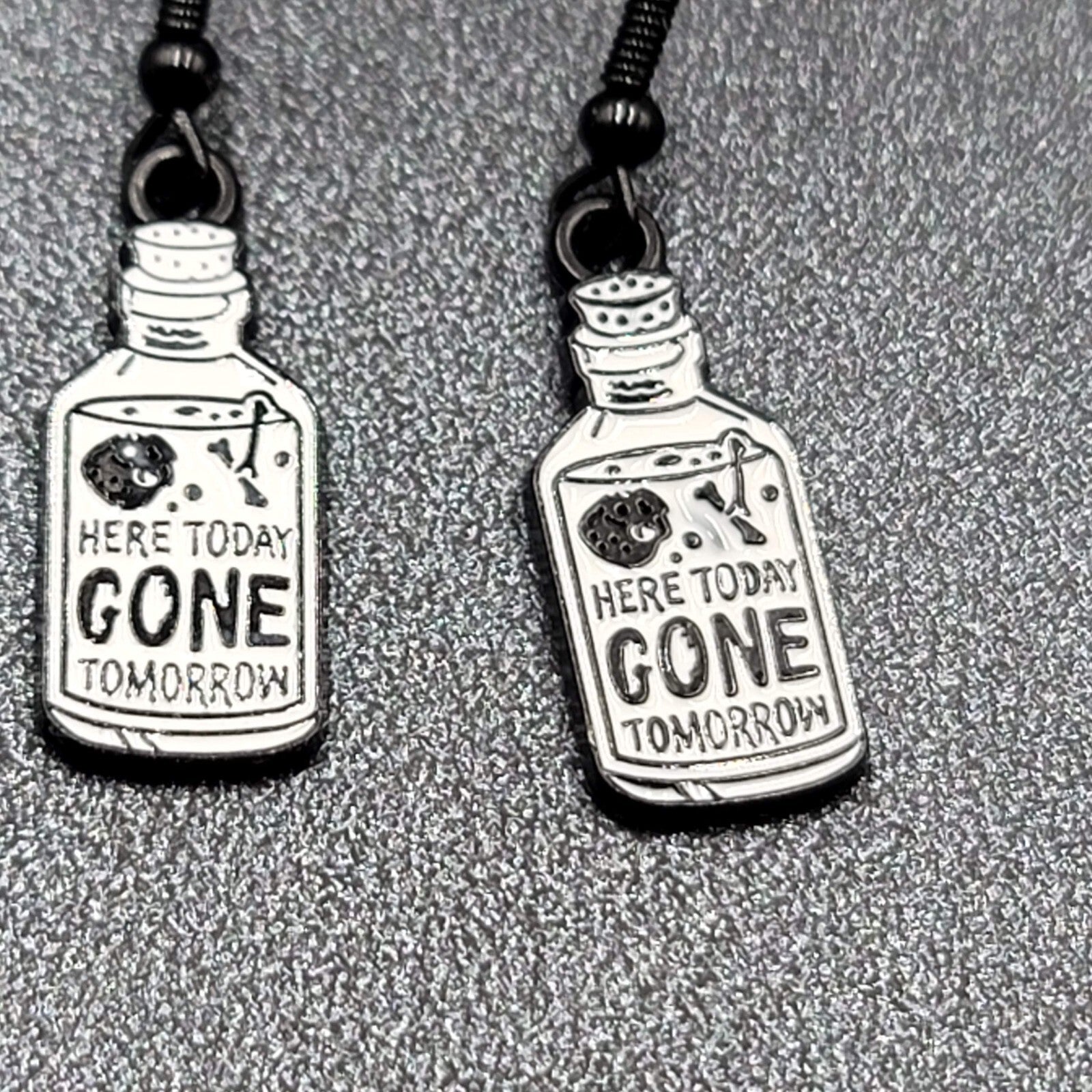 Poison Pierced Earrings Black White Enamel Dangle Here Today Gone Tomorrow 7/8"