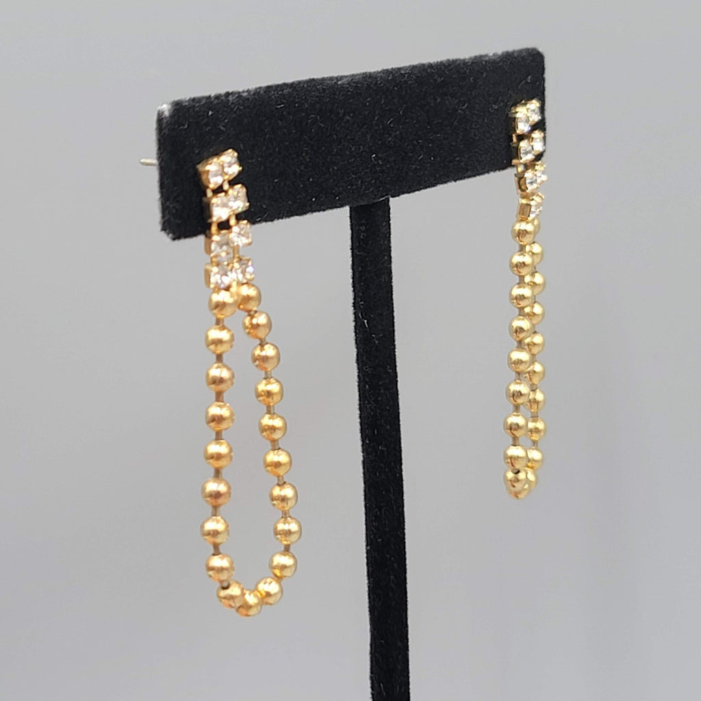 Vintage Dangle Ball Chain Pierced Earrings Rhinestone Gold tone Dangle 2"