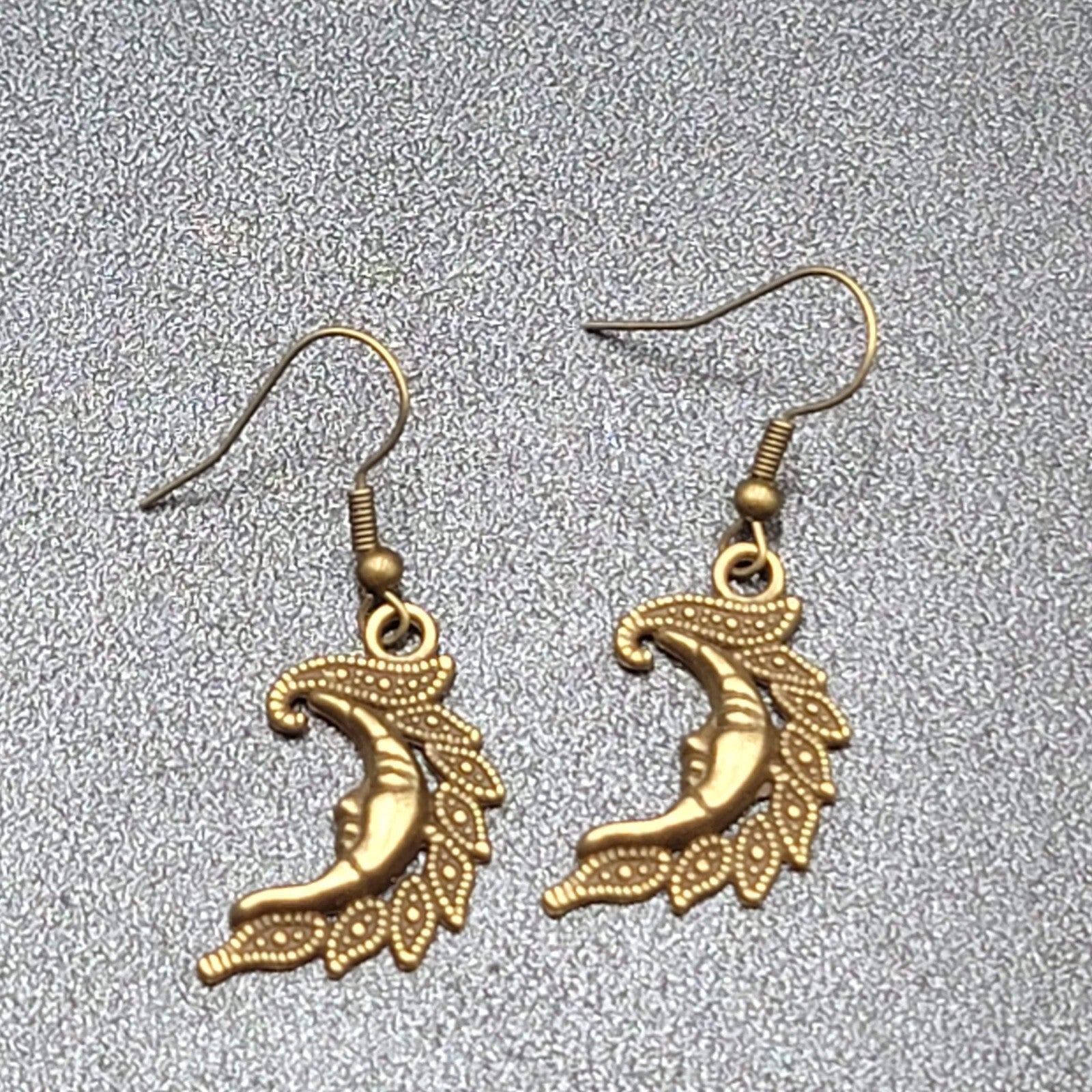 New Moon Face Pierced Earrings Bronze tone Dangle Embossed 1"