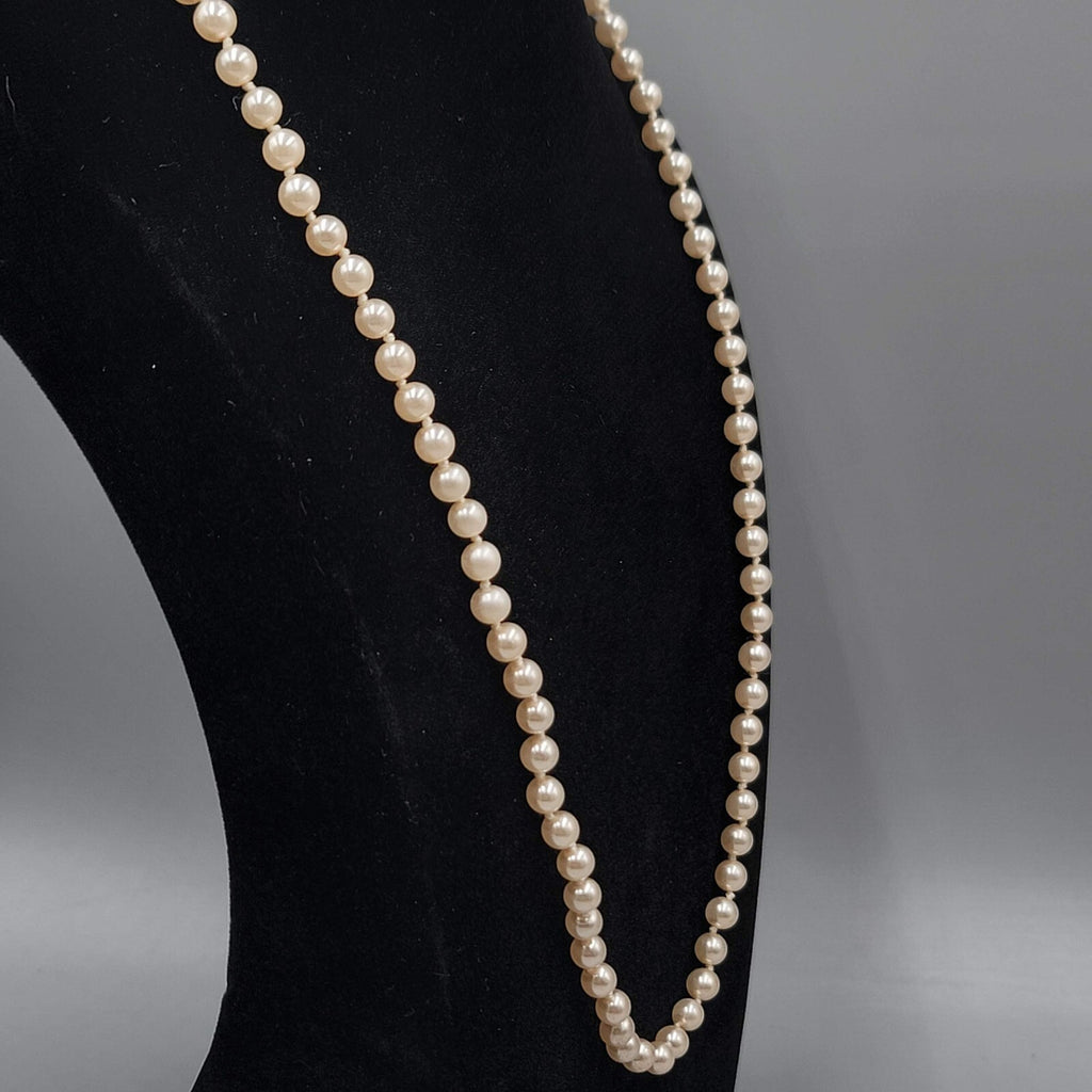 Vintage Faux Pearl Necklace Hand Knotted Gold tone Clasp 24"