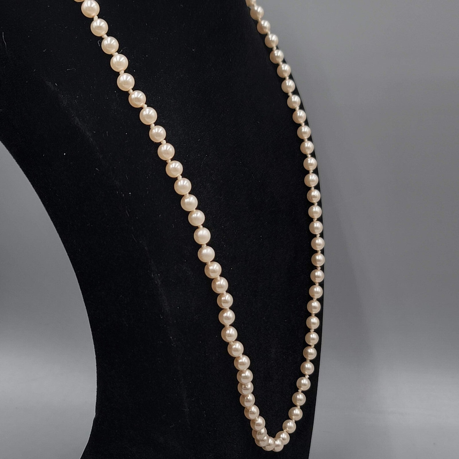 Vintage Faux Pearl Necklace Hand Knotted Gold tone Clasp 24"