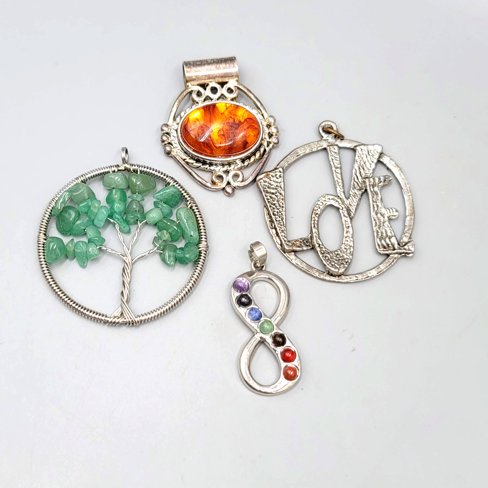 Lot of 4 Pendants Silver Tone Gemstone Tree Infinity Chakra LOVE Resin Large