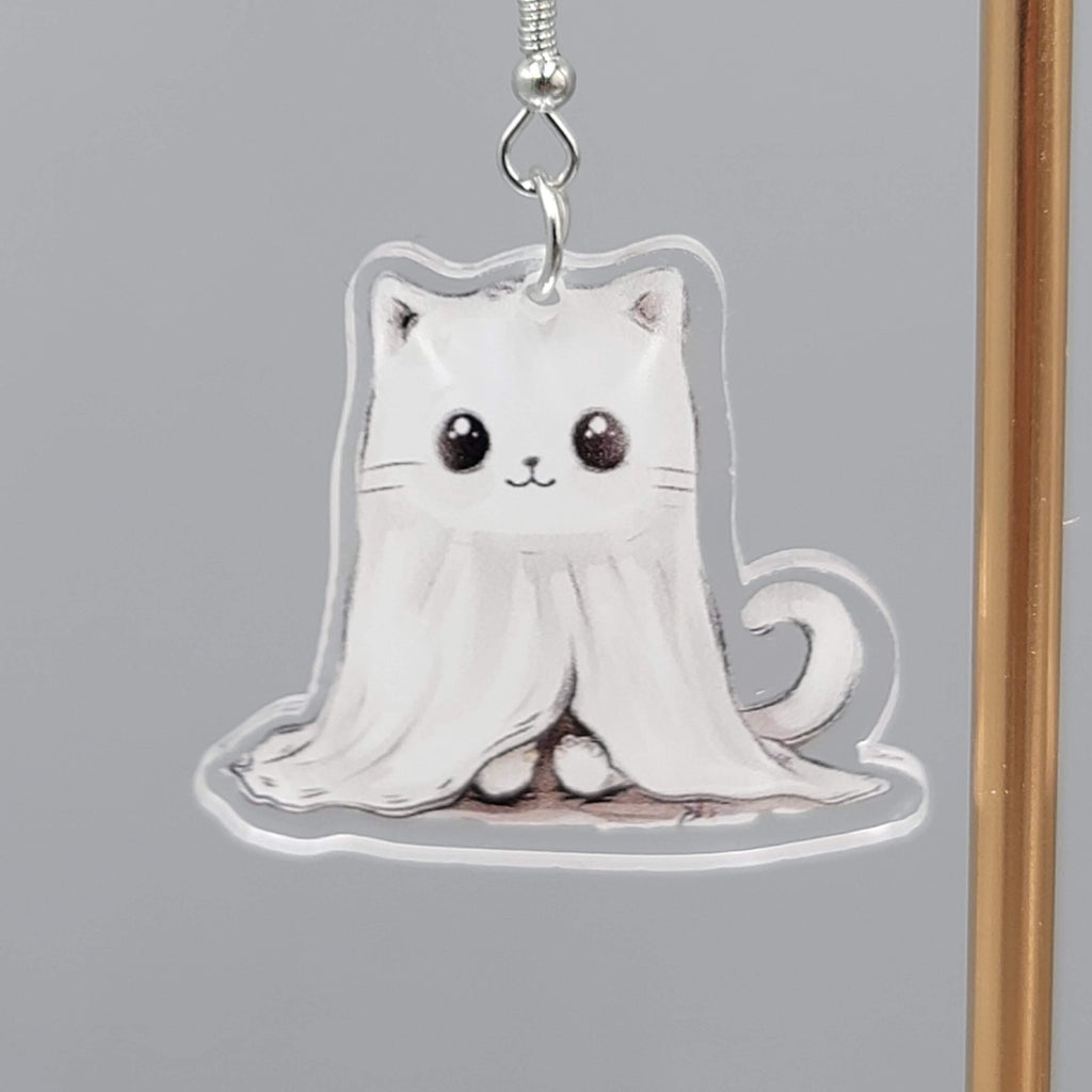 Halloween Ghost Kitty Cat Pierced Earrings Silver tone Dangle 1.5 in