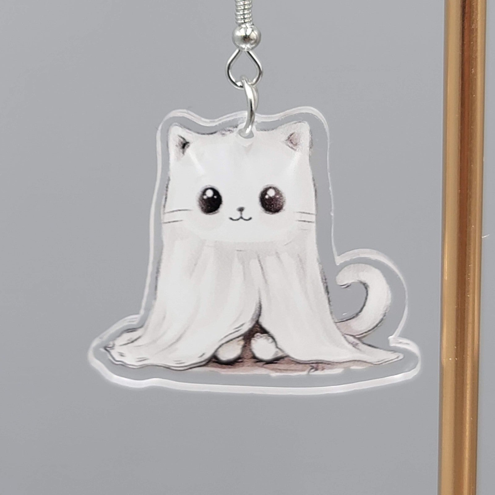 Halloween Ghost Kitty Cat Pierced Earrings Silver tone Dangle 1.5 in