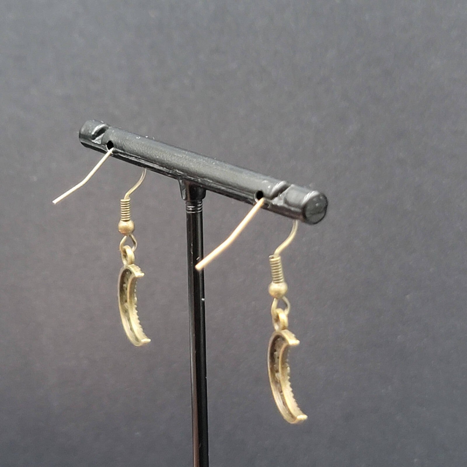 New MOON Pierced Earrings Bronze tone Open Work Metal Dangle 5/8"