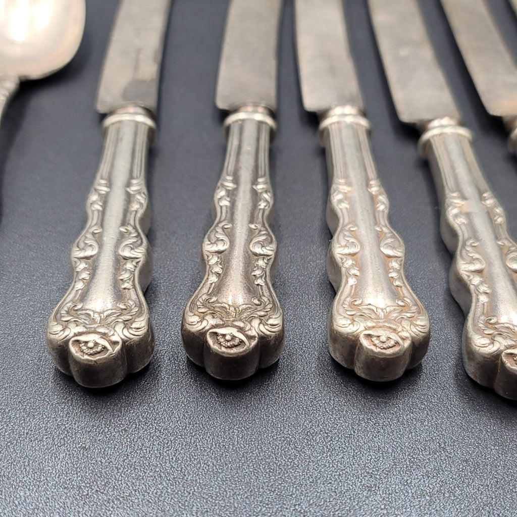 6 Antique Holmes Edwards Dinner Knives Flower 1 Serving Spoon