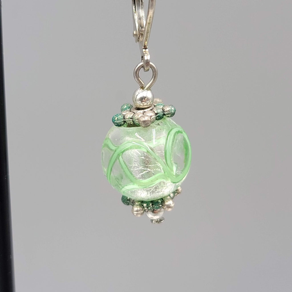 Green Swirl Glass Bead Pierced Earrings Silver tone Dangle 3/4"