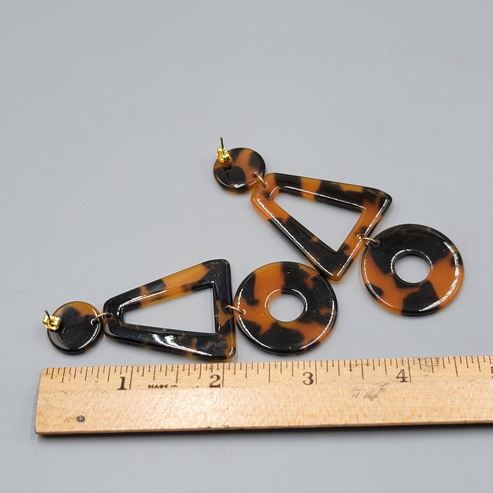 Pierced Earrings Tortoise Brown Acrylic Geometric Dangle Statement 3.25"