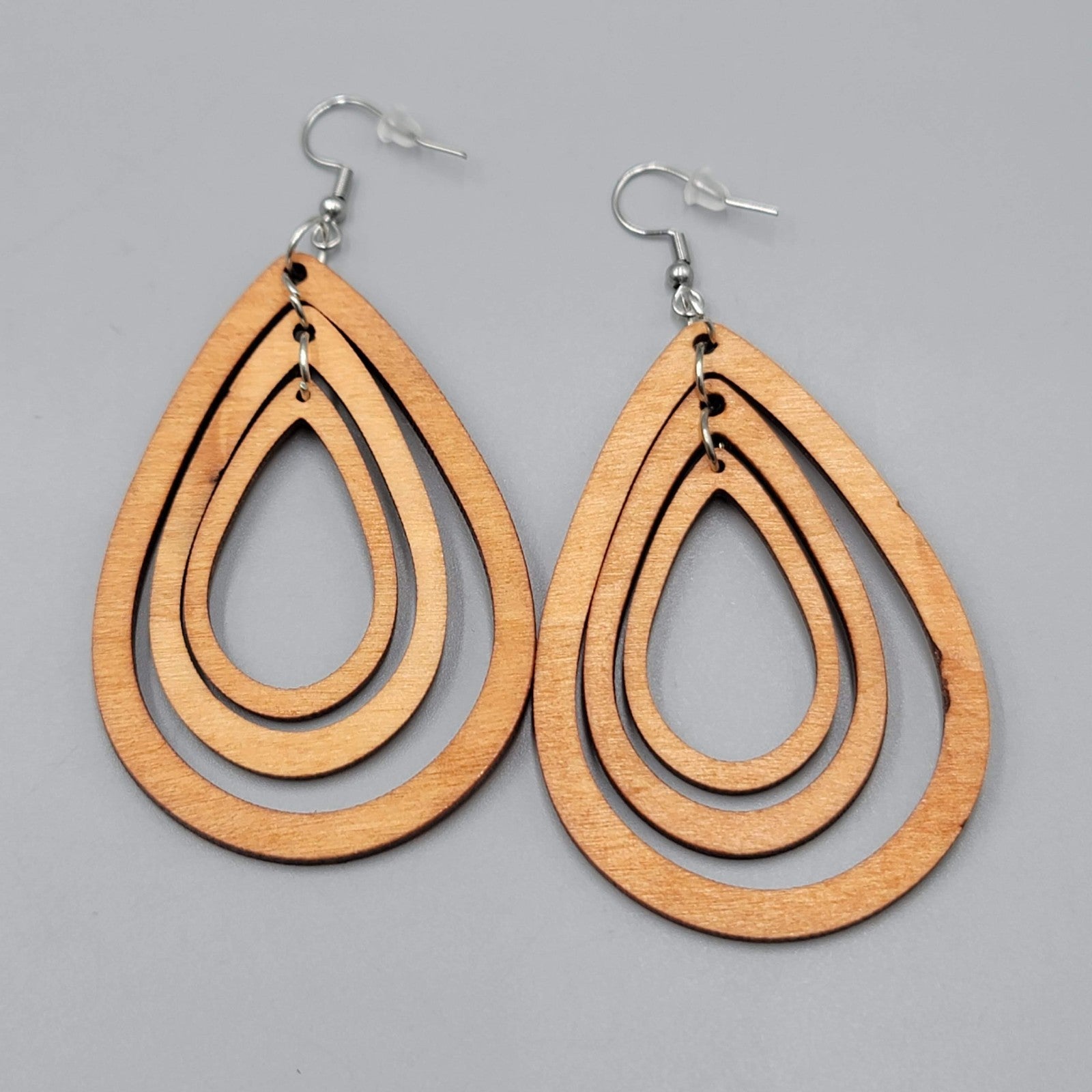 Wood Cut Large Boho Pierced Earrings Silver tone Dangle 2.75 in