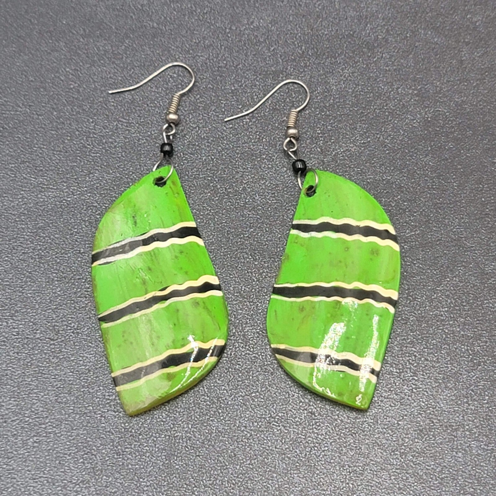 Pierced Earrings Silver tone Green Shell Hand Painted Dangle Acrylic 2.25"