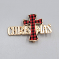 Vintage Christmas Brooch Plaid Flannel Cross Gold tone 2"