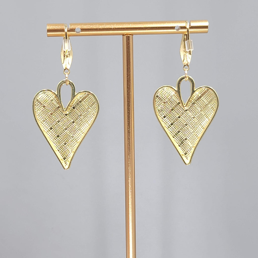 Blue Enamel Checkered Heart Pierced Earrings Gold tone Dangle Large 1.5"