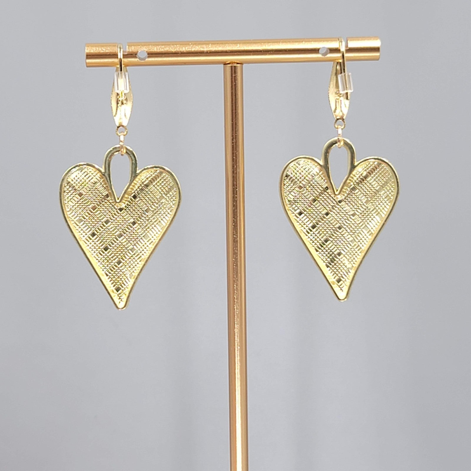 Blue Enamel Checkered Heart Pierced Earrings Gold tone Dangle Large 1.5"