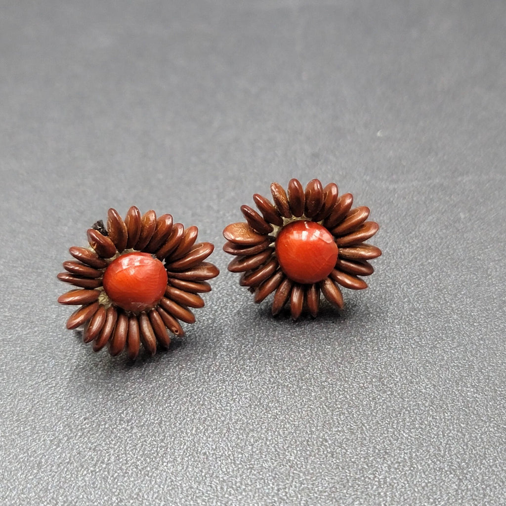Vintage Clip on Earrings Apple Seed Flower Studs 7/8"