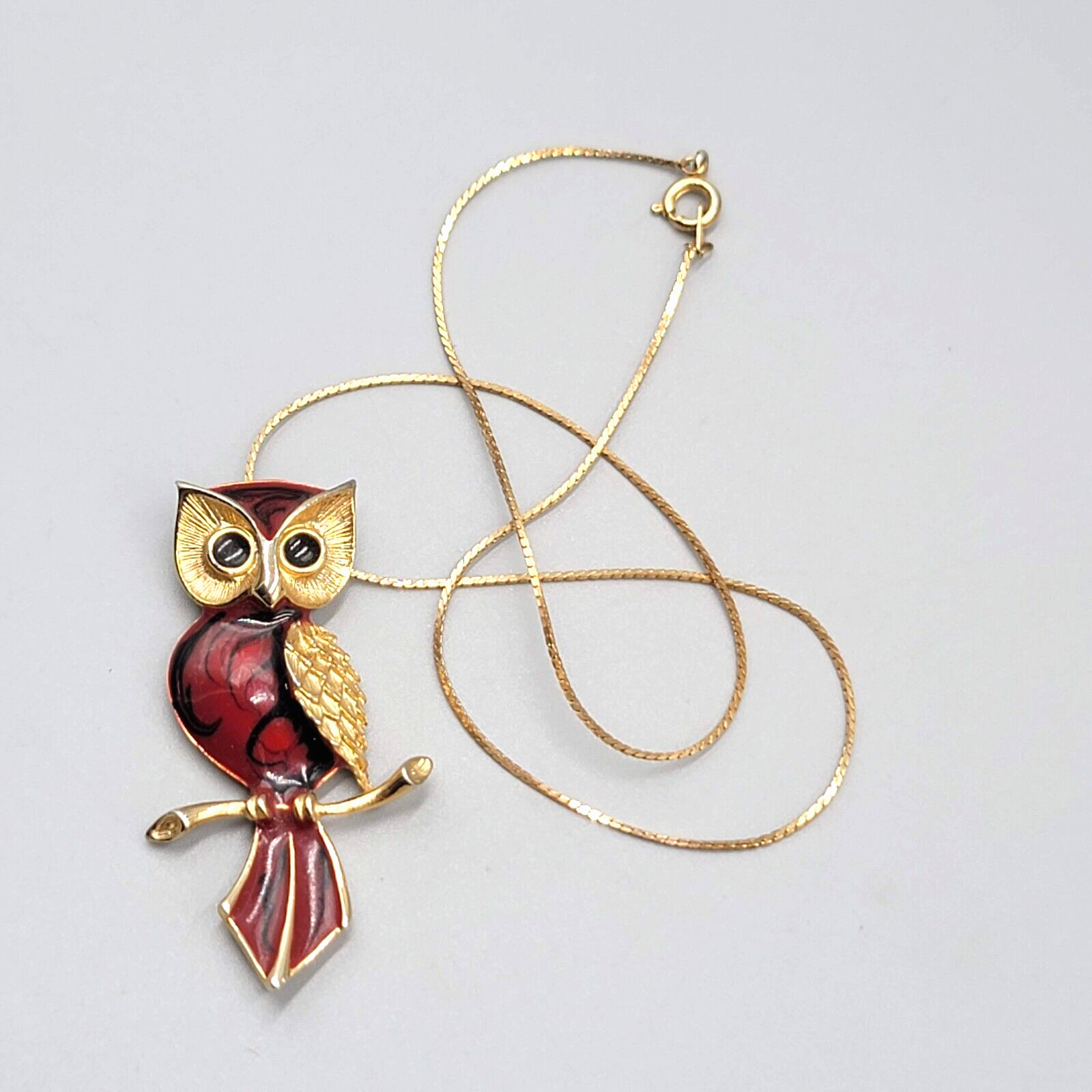 Vintage Red Enamel Owl Pendant Necklace Gold Tone Mid Century Jewelry 16"