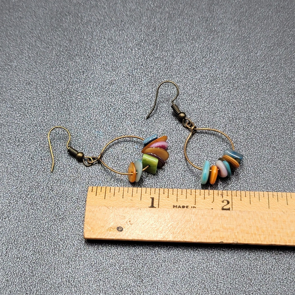 Pierced Earrings Multicolor Shell Beads Dangle Hoops 1 1/8"