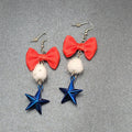 Patriotic Pierced Earrings Red Ribbon Bow Pom Pom Blue Star 2.75"