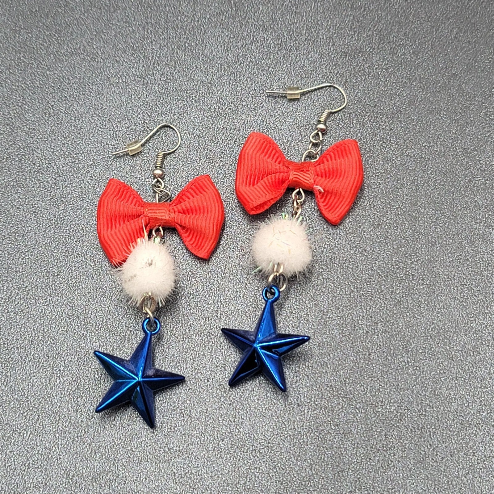 Patriotic Pierced Earrings Red Ribbon Bow Pom Pom Blue Star 2.75"