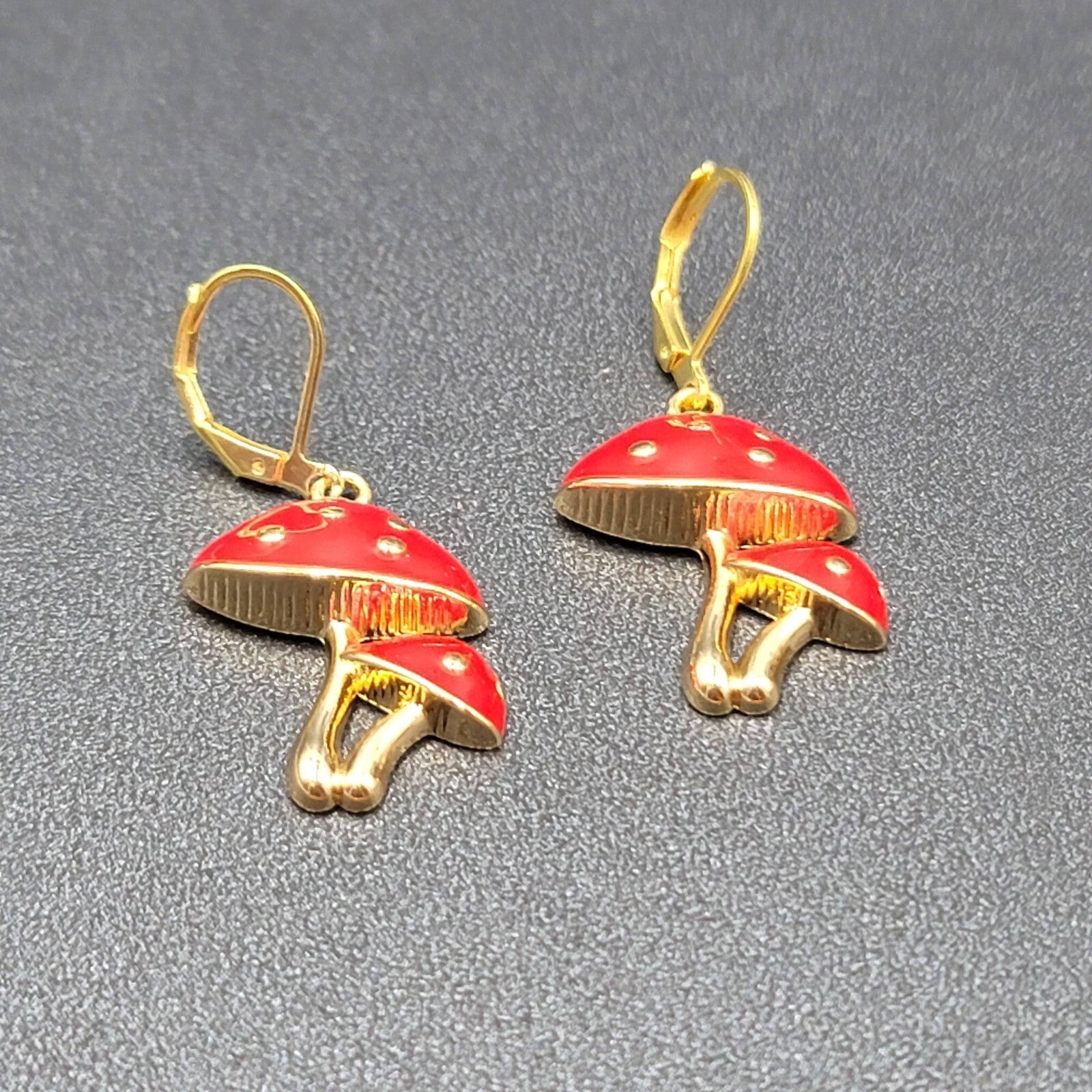 Double Mushroom Pierced Earrings Gold tone Enamel Red White Polka Dot Dangle 1"