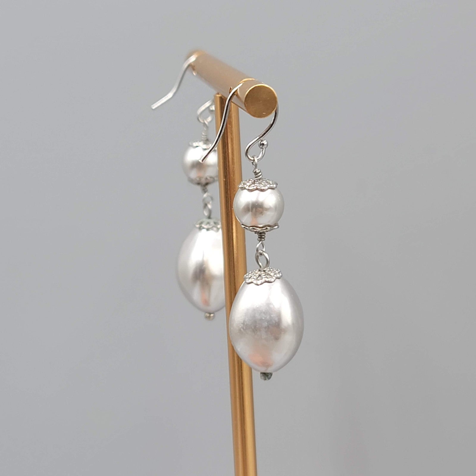Satin Silver tone Filigree Cap Bead Pierced Earrings Dangle 1.5 in