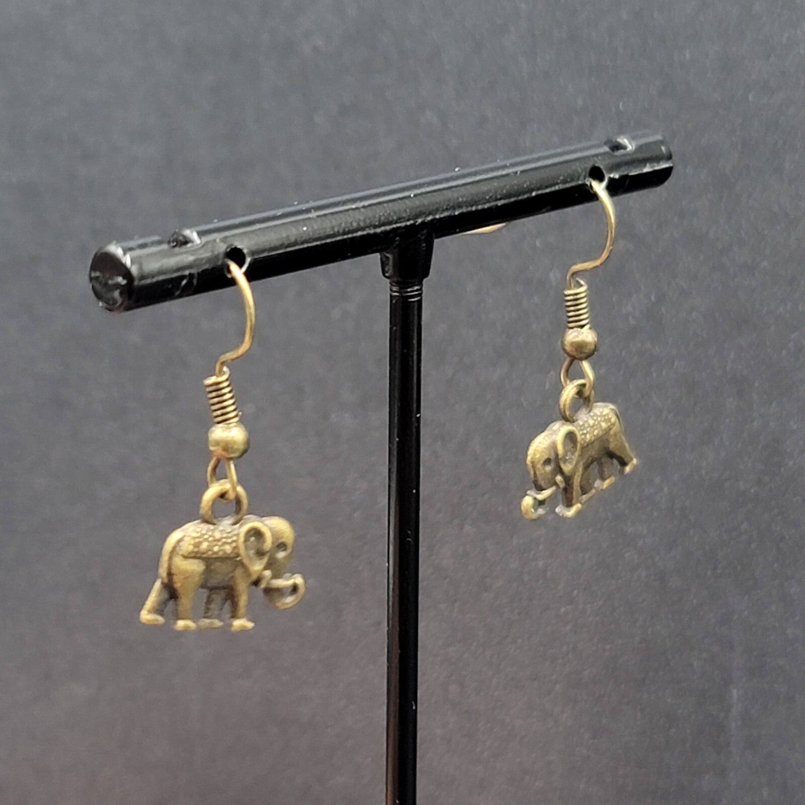 New Elephant Pierced Earrings Embossed Bronze tone Dangle 1/2"