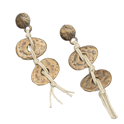 Bronze tone Drop Pierced Earrings Beige Cord Boho 3 in