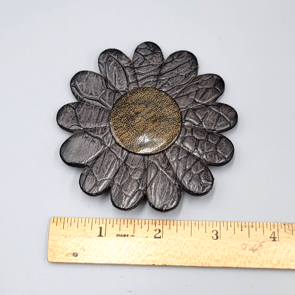 Large Flower Brooch Brown Leather 3.25"