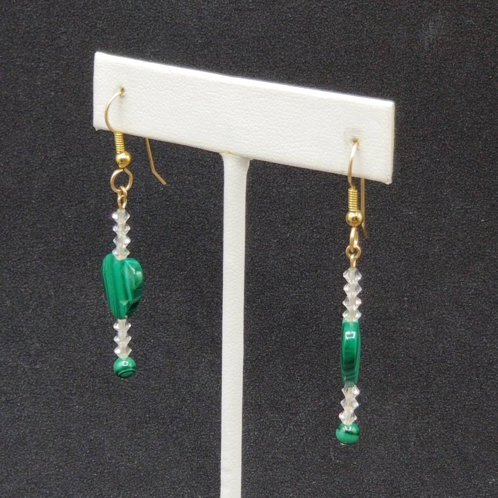 Pierced Earrings Gold tone Green Malachite Heart Crystal Beaded Dangle 1 3/8"