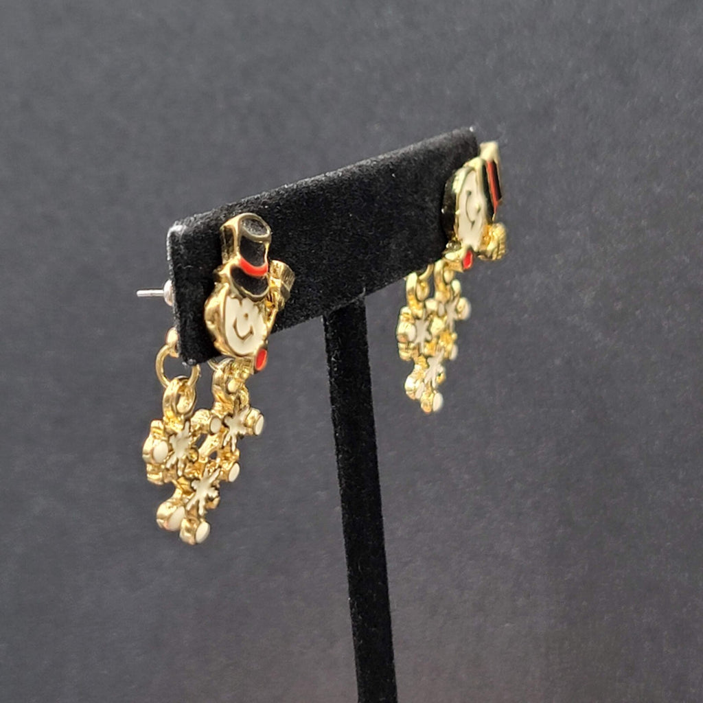 Snowman Pierced Earrings Gold tone Enamel Jacket Back Dangle 1.25"