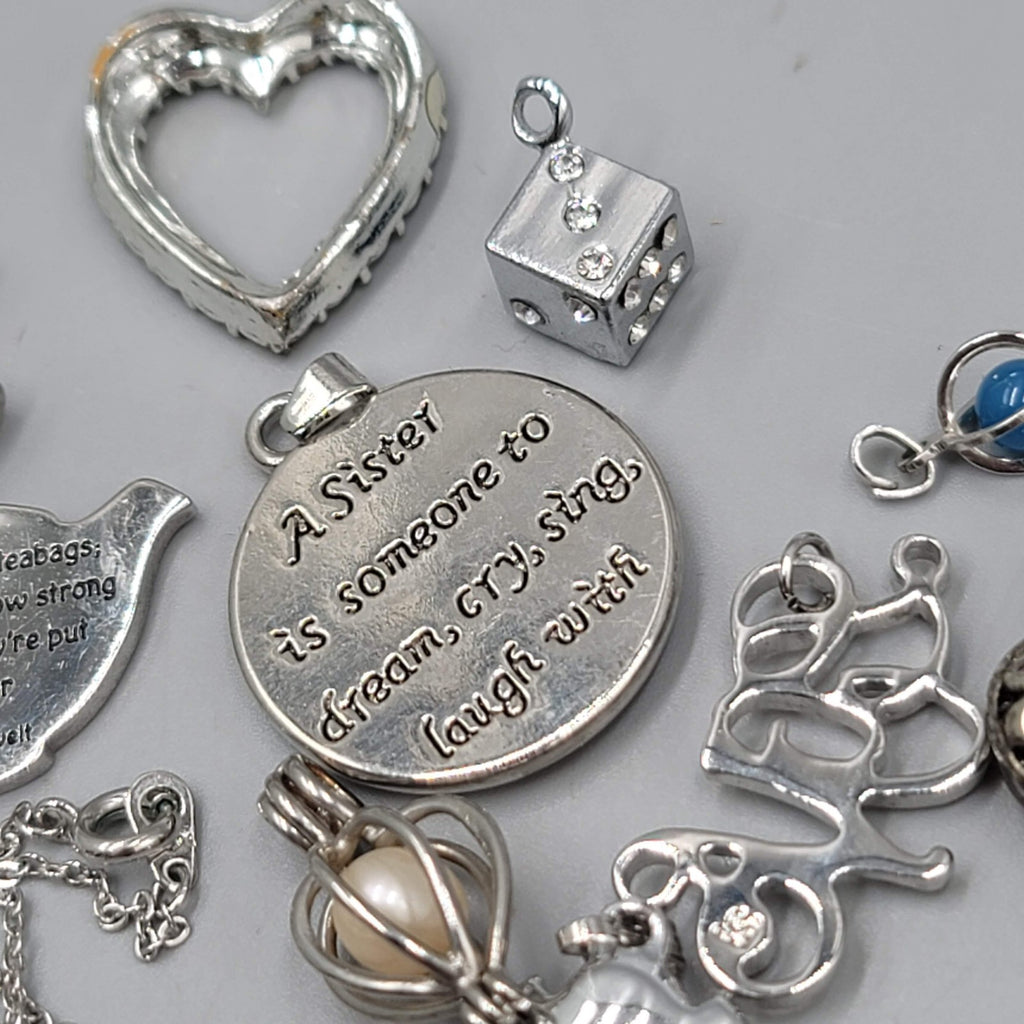 All Silver tone Pendant Lot of 16 Various Styles One Chain Included