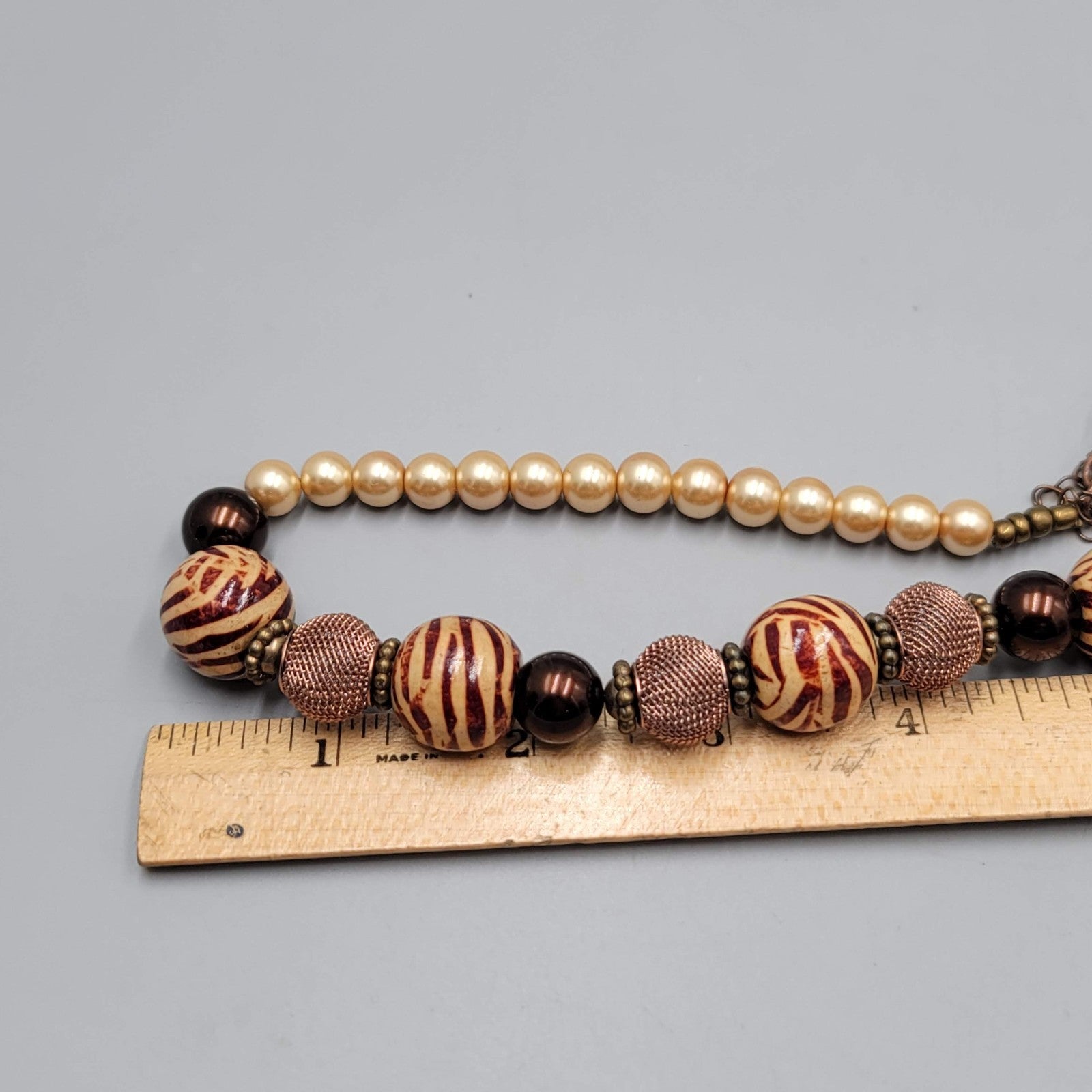 Bead Necklace Imitation Pearl Wood and Copper Mesh Beads  18"