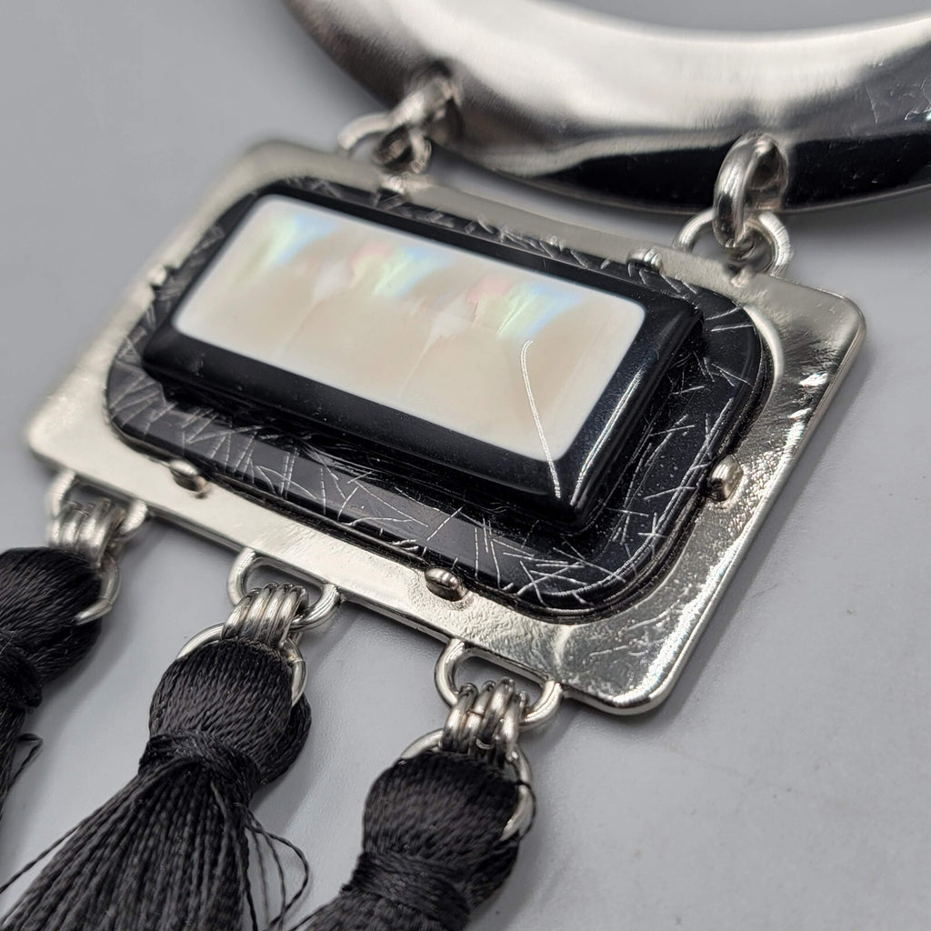 Chicos Statement Black Tassel Necklace Silver tone Iridescent Pendant 18"