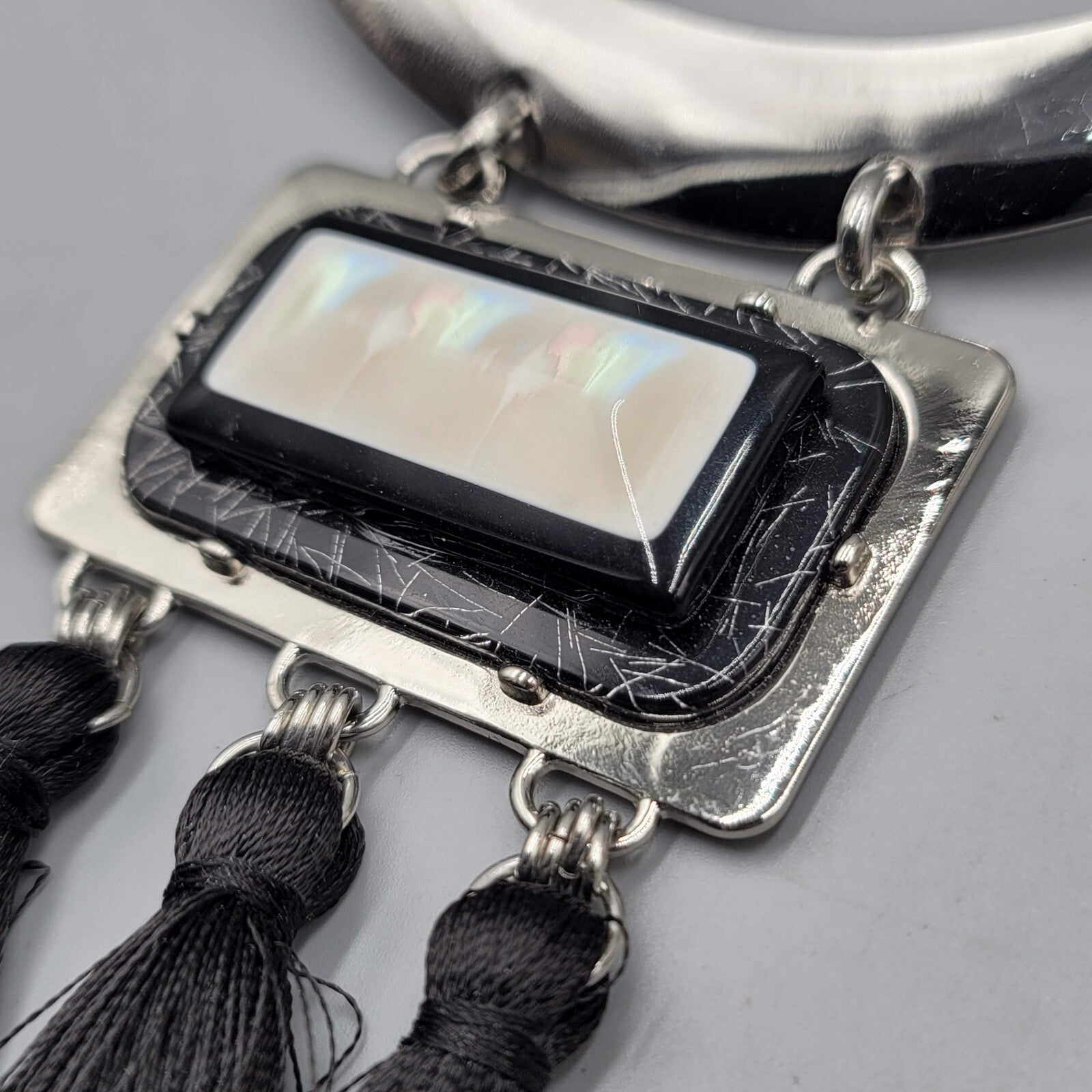Chicos Statement Black Tassel Necklace Silver tone Iridescent Pendant 18"