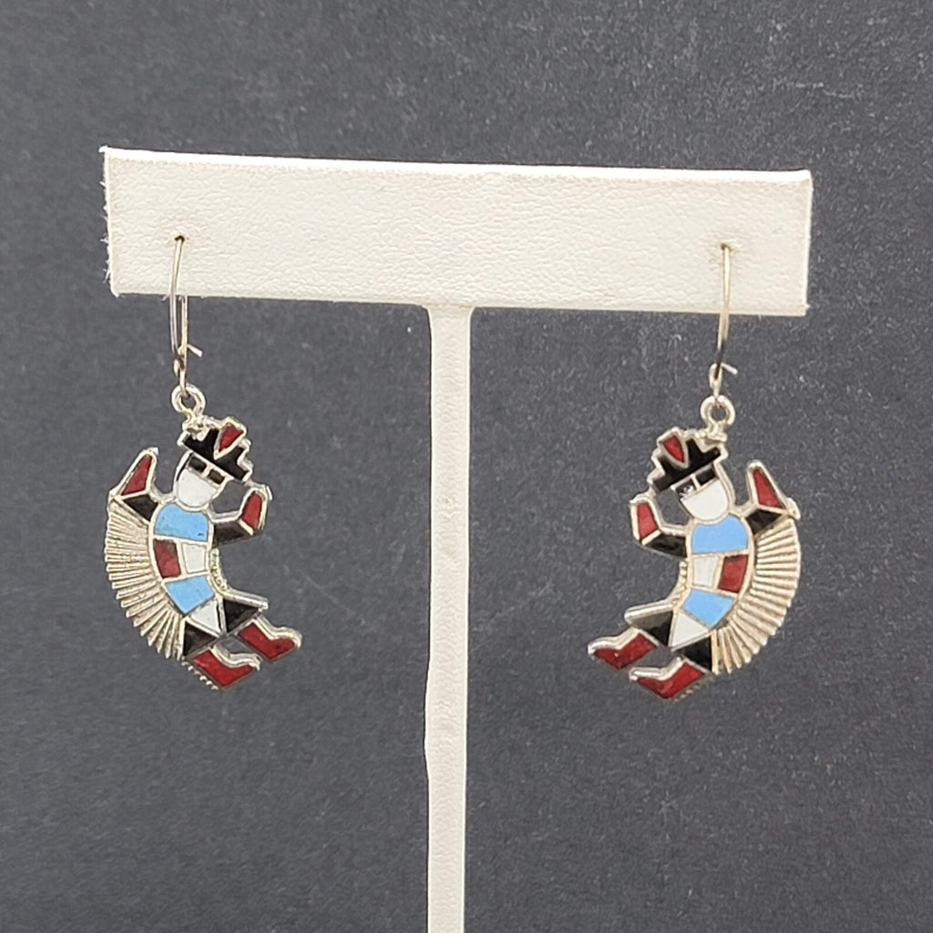 Pierced Earrings  Silver tone Southwestern Dancing Kachina Enamel 1.25"